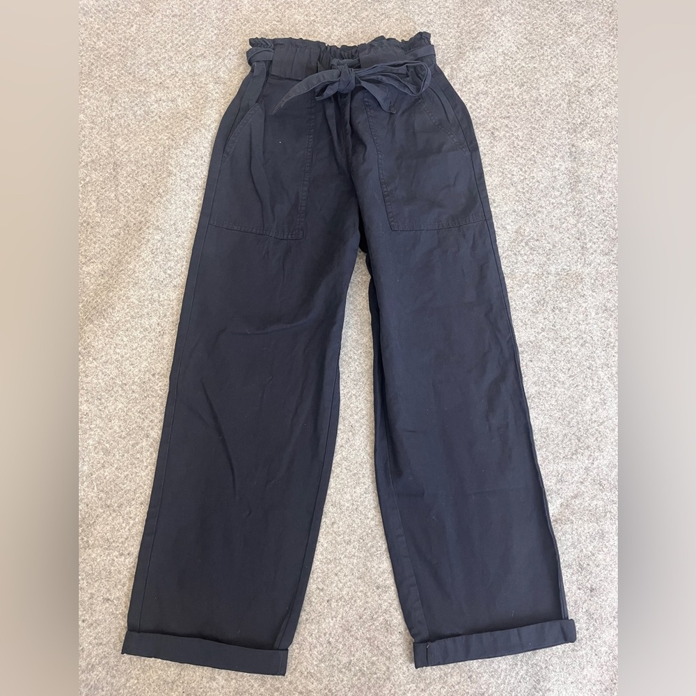 Cyrillus Paris Navy Wide-Leg High Rise Utility Pants Paper-bag Waist Sz 4